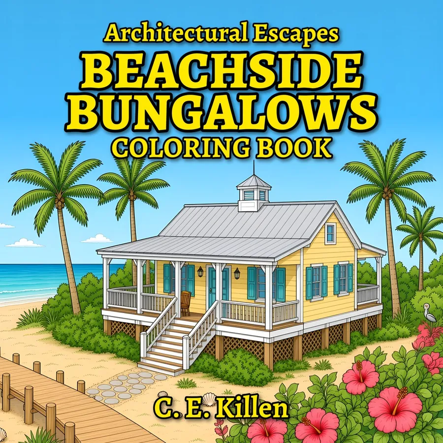Beachside Bungalows front cover, Architectural Escapes Coloring Book
