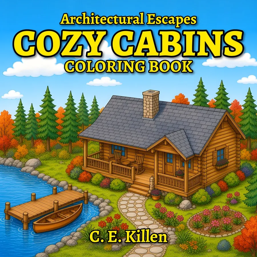 Cozy Cabins front cover, Architectural Escapes Coloring Book